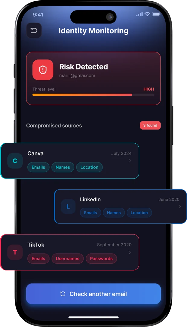Identity monitoring screen